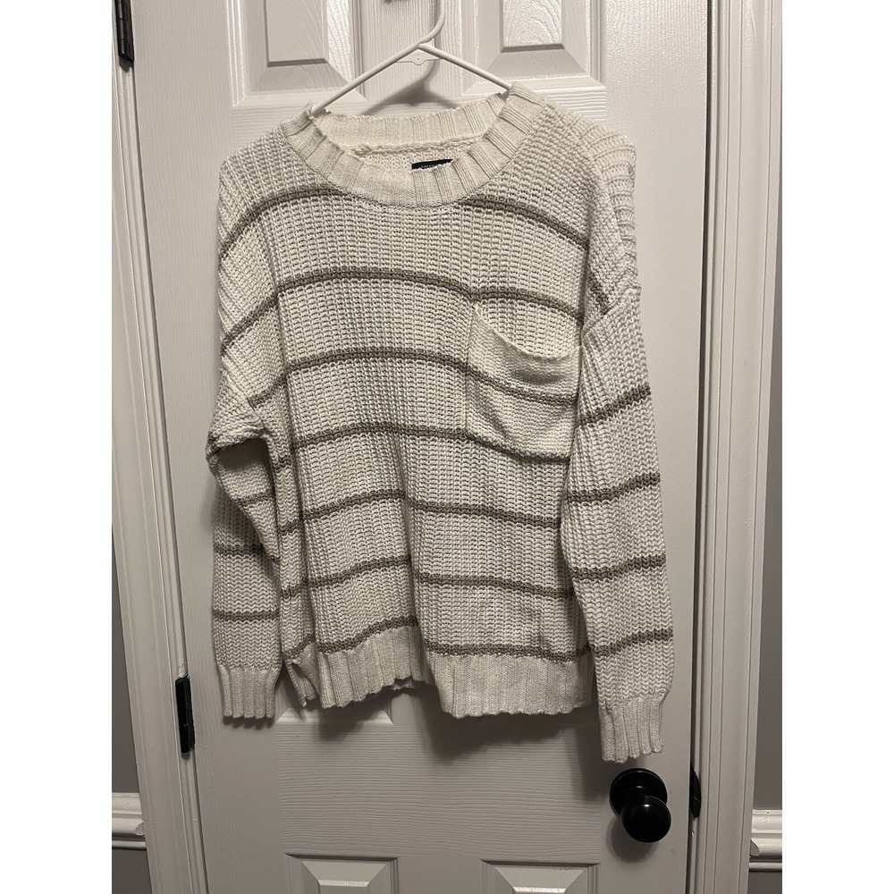 American Eagle White‎ and Beige Striped Sweater Med but Oversized w/large pocket